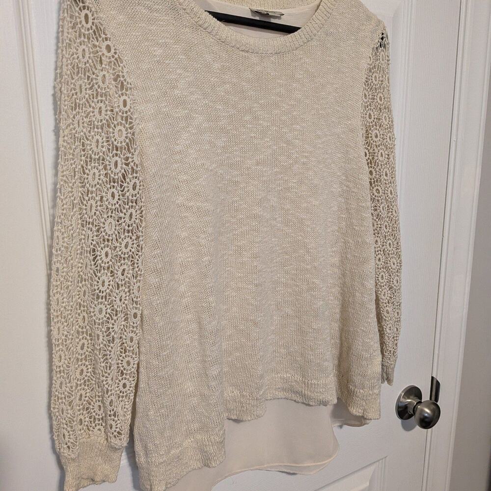 Lucky Brand Cream Knit Layered Sweater Crochet Lace Sleeves Size Large Boho